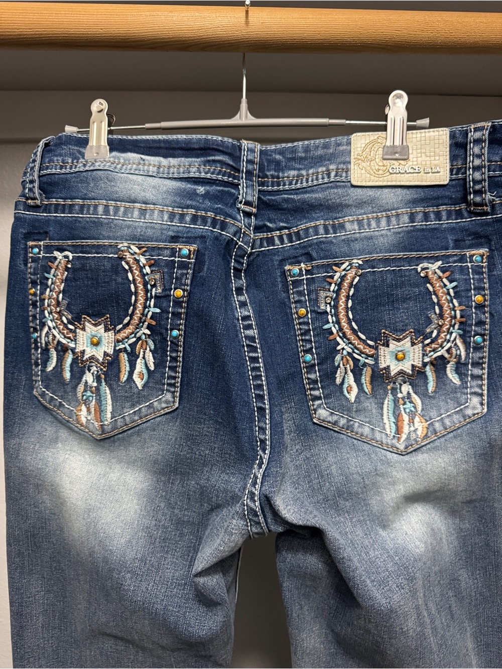 Grace in LA Blue Bootcut Jeans with Turquoise & Brown embroidery